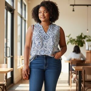 CRISTINA B Blue and White Patterned sleeveless Blouse  size large